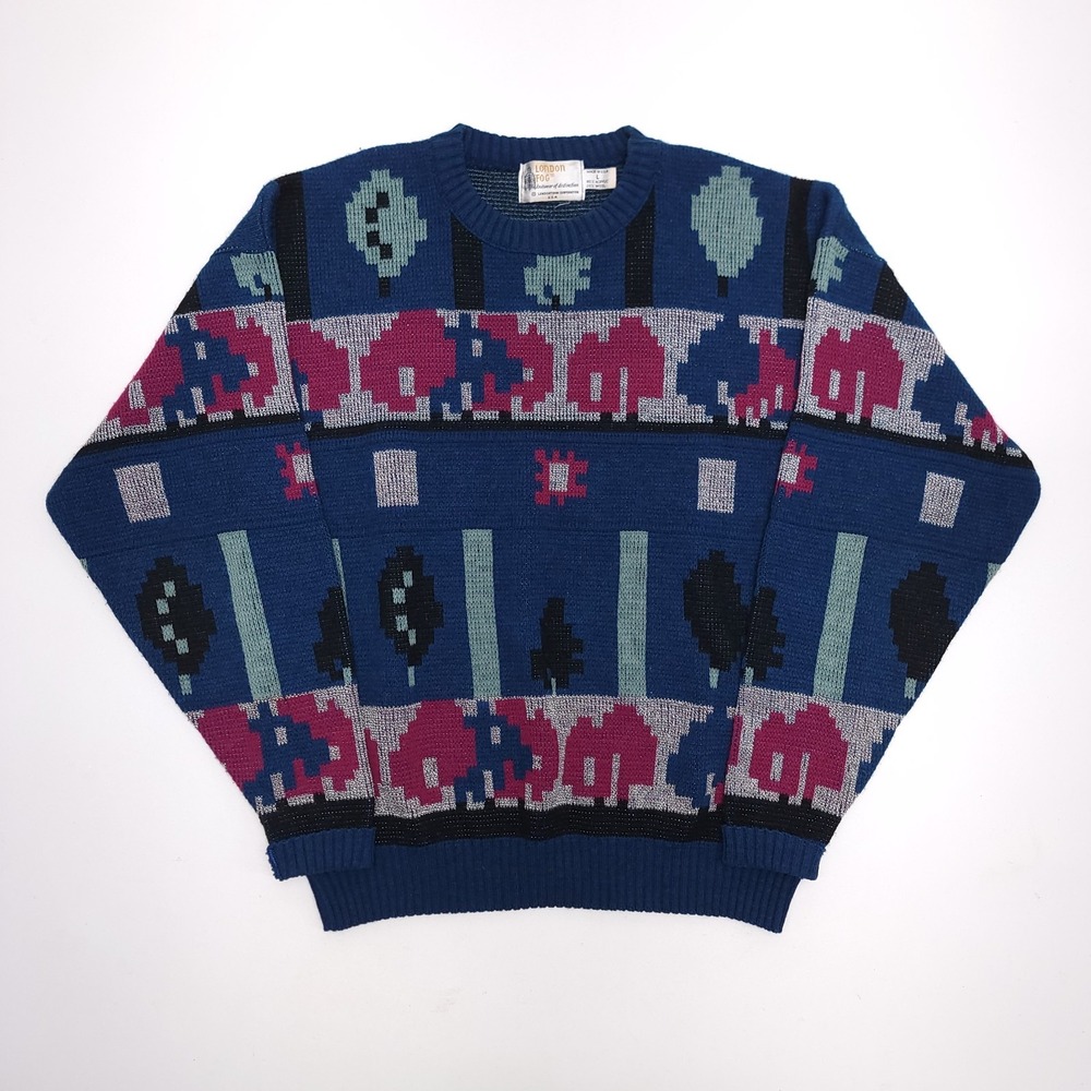 London‎ Fog Sweater Mens Large Abstract Wool Blend Vintage 80s USA